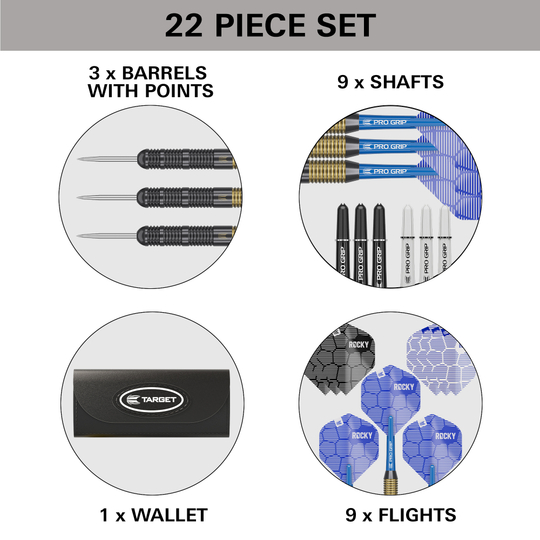 Lotki Target Josh Rock Brass Steel Darts - 22g Das Bild zeigt ein 22-teiliges Set von Target Josh Rock Brass Steeldarts - 22g. Es enthält 3 Barrels mit Spitzen, 9 Shafts, 9 Flights und ein Wallet.