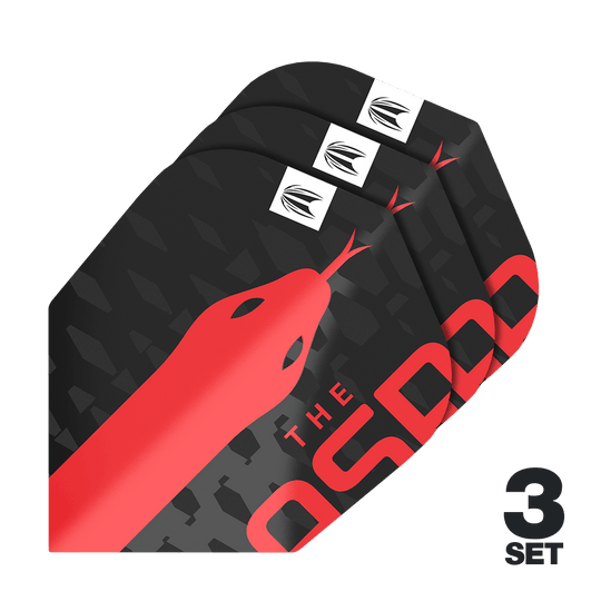 Das Bild zeigt drei Sätze der Target Pro Ultra Nathan Aspinall No6 Flights für Darts. Das Design ist schwarz mit einem auffälligen roten Schlangenmuster und dem Text „THE ASP“.