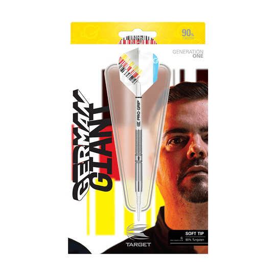 210048_Target_Gabriel_Clemens_2020_Softdarts_3 Die Verpackung zeigt die "Target Gabriel Clemens Generation One Softdarts". Im Vordergrund ist ein Dartpfeil zu sehen, im Hintergrund das Porträt eines Mannes mit dem Text "German Giant".