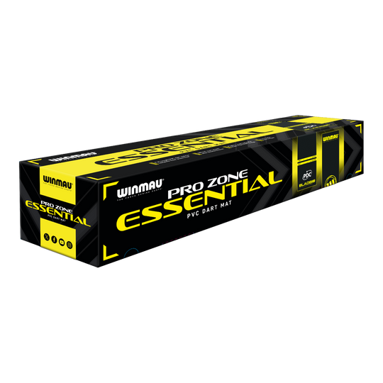 Mata do rzutek Winmau Pro-Zone Essential PVC Die Abbildung zeigt die Verpackung der 'Winmau Pro-Zone Essential PVC Dartmatte'. Die Box ist in den Farben Schwarz und Gelb gestaltet und trägt deutlich das Produktlogo.
