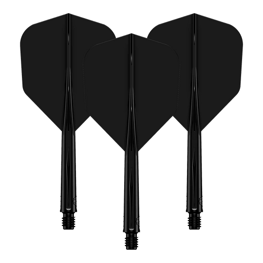 Das Bild zeigt drei schwarze Dart-Flights mit daran befestigten Schäften. Sie sind nebeneinander angeordnet und haben ein schlichtes, einfarbiges Design.