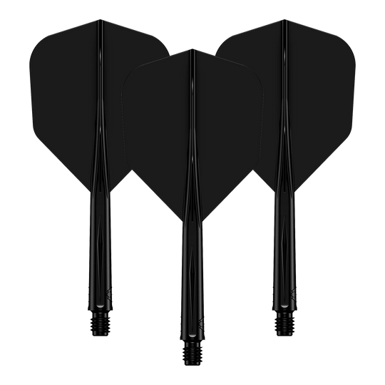 System wału lotniczego Mission Force 90 No6 – czarny Das Bild zeigt drei schwarze Dart-Flights mit daran befestigten Schäften. Sie sind nebeneinander angeordnet und haben ein schlichtes, einfarbiges Design.