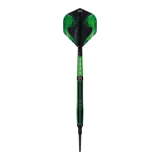 Miękkie lotki Mission Venom - 20g Das Bild zeigt einen Softdart namens "Mission Venom Softdarts - 20g". Der Dart ist überwiegend schwarz und grün gestaltet und hat ein auffälliges, modernes Design.