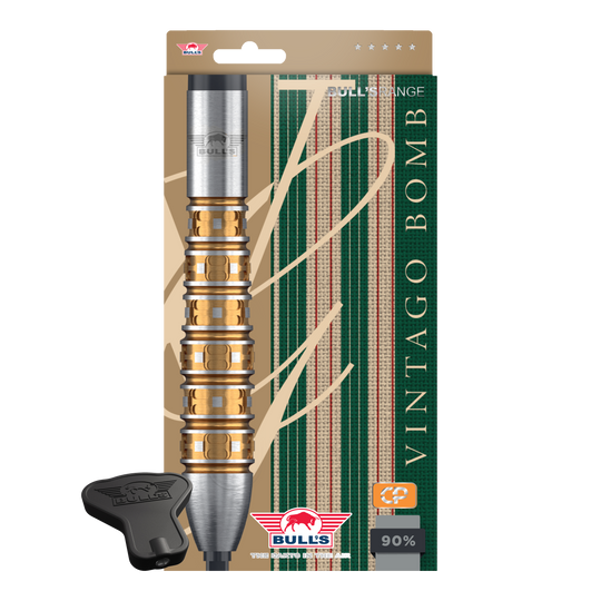 Zu sehen sind die Bulls NL Vintago Bomb Convertible Point Steeldarts. Sie bieten flexible Einsatzmöglichkeiten beim Dartsport.