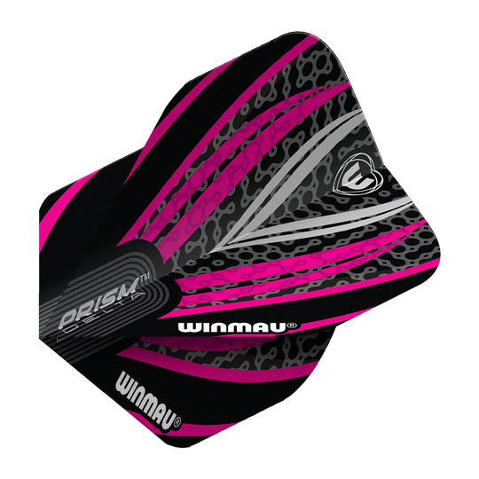 Winmau Prism Delta Czarno-Biało-Różowy Nr 2 Standardowe Loty Das Bild zeigt ein Winmau Prism Delta No2 Standard Dartflight in den Farben Schwarz, Weiß und Pink. Das Flight hat ein auffälliges, modernes Design mit grafischen Mustern und dem Winmau-Logo.