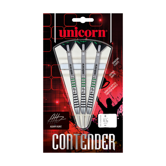 Das Bild zeigt eine Verpackung mit drei Steeldarts der Marke Unicorn, Modell "Contender 90% Adam Hunt" mit einem Gewicht von 23g. Die Verpackung ist überwiegend rot-schwarz gestaltet und zeigt die Darts deutlich sichtbar in der Mitte.