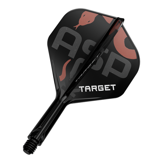 Das Bild zeigt ein schwarzes Dart-Flügel- und Schaftsystem mit der Aufschrift "TARGET". Auf dem Flügel sind zudem die Buchstaben "Asp" sowie eine Schlangenabbildung zu sehen.