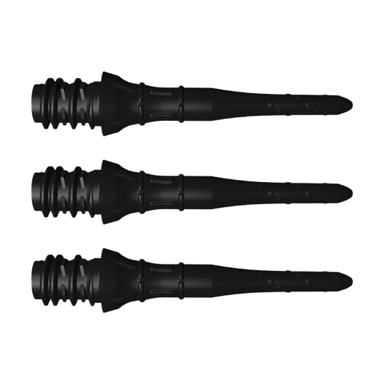 Auf dem Bild sind drei schwarze L-Style Premium Lippoints Short zu sehen. Diese kurzen Spitzen werden im 30er Pack für Softdarts angeboten.