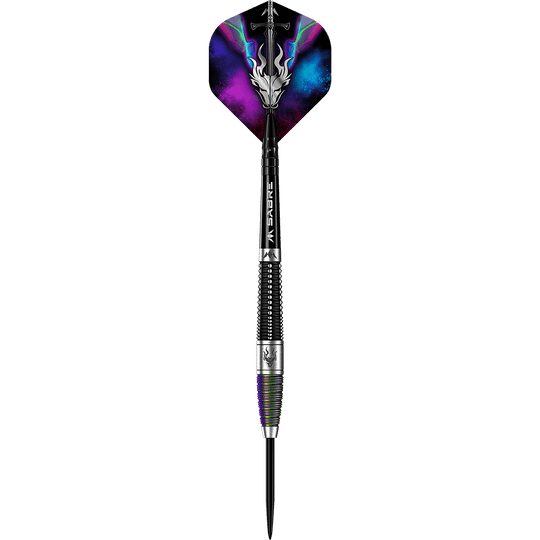 Das Bild zeigt den Mission Occult Steeldart mit einem Gewicht von 23 Gramm. Der Dart hat ein auffälliges Flight-Design mit leuchtenden Farben und einem silbernen Muster.