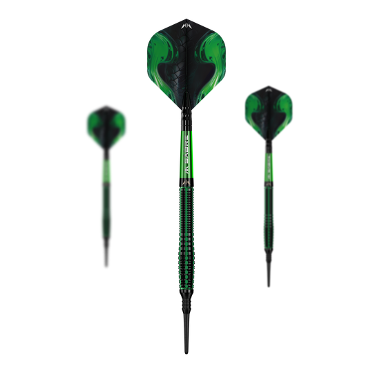 Miękkie lotki Mission Venom - 20g Das Bild zeigt drei grüne Mission Venom Softdarts mit schwarzen Akzenten. Die Darts haben ein Gewicht von 20 Gramm und ein auffälliges Schlangenmuster auf den Flights.