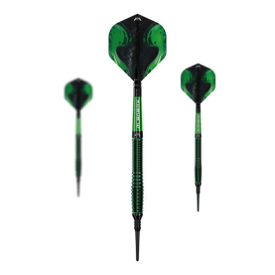 Miękkie lotki Mission Venom - 20g Mehrere Mission Venom Softdarts - 20g liegen als Set nebeneinander. Die Materialien erscheinen hochwertig.
