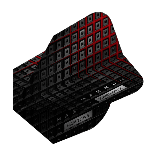 Das Bild zeigt das Produkt "Harrows Prime Magnum Reloaded Standard Flights". Das Design ist schwarz mit roten Akzenten und geometrischen Mustern.