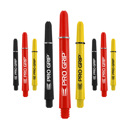 Das Bild zeigt neun Dart-Schäfte in den Farben Schwarz, Rot und Gelb. Auf jedem Schaft steht der Schriftzug „PRO GRIP“.