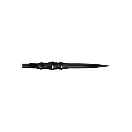 Harrows Quick Point Apex Spire Elite Series Dartspitzen - Schwarz Apex Spire Black Elite Serie Dartspitzen in 30mm werden gezeigt. Die Spitzen sind dunkel und schmal.