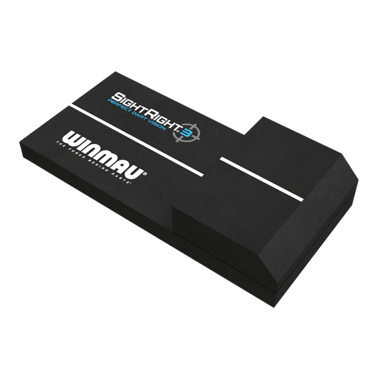 Winmau SightRight 3 - Kompaktowy Das Bild zeigt das Produkt "Winmau SightRight 3 - Compact", ein Hilfsmittel für Dartspieler. Es ist schwarz und hat weiße Linien sowie die Aufschriften "Winmau" und "SightRight 3" auf der Oberfläche.