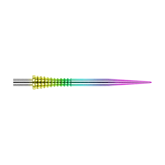 Groty do rzutek Red Dragon Raptor Gripped Rainbow ze stali 30 mm Auf dem Bild ist eine Red Dragon Raptor Gripped Rainbow Steeldartspitze mit einer Länge von 38 mm zu sehen. Die Spitze besitzt einen farbigen Regenbogeneffekt und eine geriffelte Grifffläche.