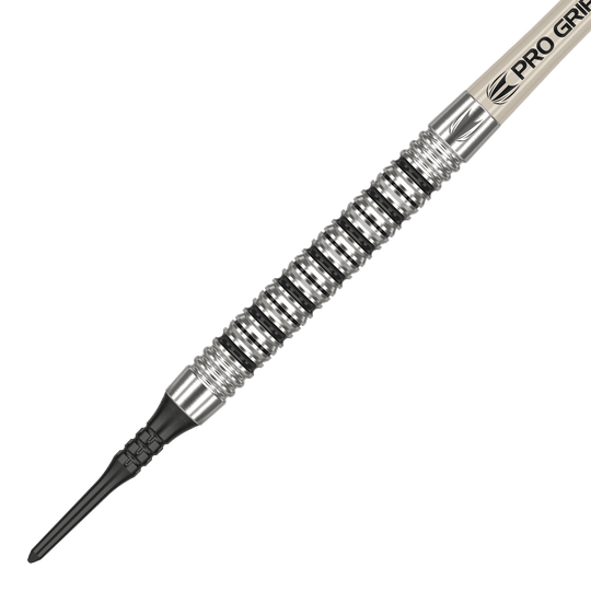 Target EXO 11 Miękkie lotki Das Bild zeigt den Target EXO 11 Softdart. Der Dart hat eine silberne, gerillte Griffzone und eine schwarze Kunststoffspitze.