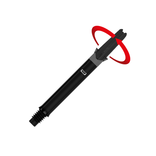 Wałki L-L-Style-Shafts Silent Straight - czarne Das Bild zeigt einen schwarzen geraden Dart-Schaft ohne Kappen. Ein roter Pfeil deutet darauf hin, dass sich das obere Ende des Schafts drehen kann.