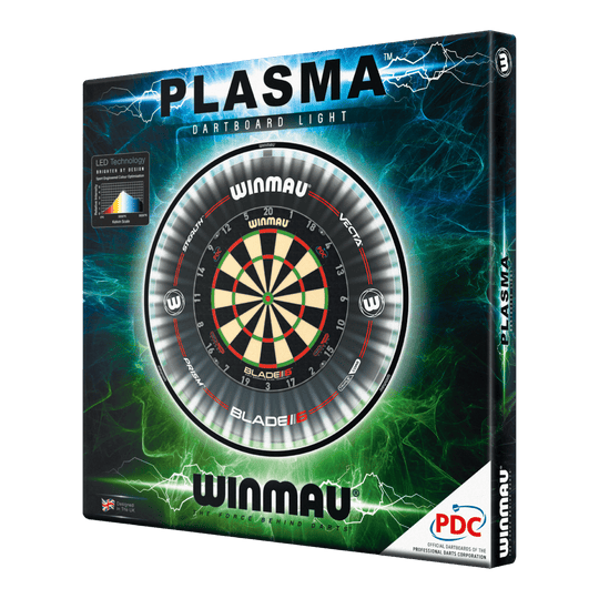 Winmau Plasma LED Dartboard Light auf dem Bild zu sehen. Es ist eine LED-Beleuchtung für Dartboards.