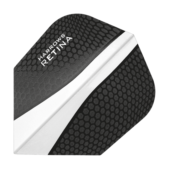 HR65_Harrows_Retina_Transparent_No2_Standard_Flights_1 Das Bild zeigt ein Harrows Retina Transparent No6 Flight in schwarzer Farbe mit einem Wabenmuster. In der oberen linken Ecke steht der Produktname "Harrows Retina" in weißer Schrift.