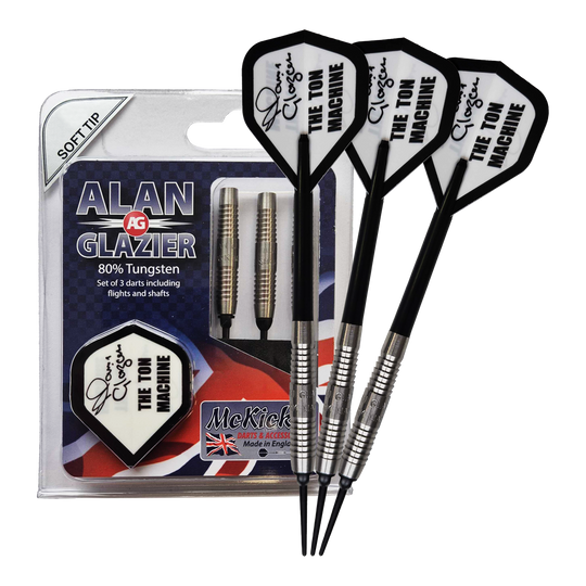 Das Bild zeigt ein Set von drei Softdarts mit der Aufschrift "McKicks Alan Glazier Shark Machine Softdarts". Die Verpackung hebt hervor, dass die Darts zu 80% aus Tungsten bestehen und "The Ton Machine" Flügel besitzen.