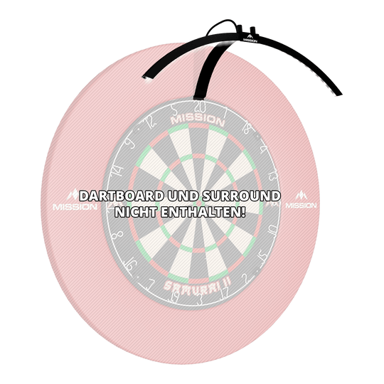 Oświetlenie tarczy do darta LED Mission Torus 100 składane Das Bild zeigt die faltbare LED Dartboard Beleuchtung "Mission Torus 100", die über einem Dartboard platziert ist. Ein Hinweis weist darauf hin, dass das Dartboard und das Surround nicht enthalten sind.