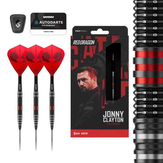 Rzutki stalowe Red Dragon Jonny Clayton RD-PRO Switch Point Dieses Bild zeigt die Red Dragon Jonny Clayton RD-PRO Switch Point Steeldarts. Die Darts liegen auf einem hellen Hintergrund.