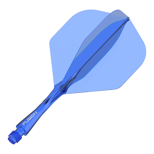System wałów lotniczych Winmau Fusion Standard Blue Das Bild zeigt ein blaues Dart-Flightsystem mit integriertem Schaft. Auf dem Schaft steht das Wort "FUSION".