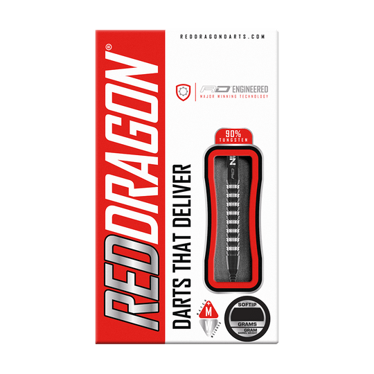 RD2535_Red_Dragon_Razor_Edge_Elite_Softdarts_3 Auf dem Bild ist die Verpackung der "Red Dragon Razor Edge Elite Softdarts - 20g" zu sehen. Die Verpackung ist rot-weiß gestaltet und zeigt einen Softdart mit dem Hinweis auf 90% Tungsten.