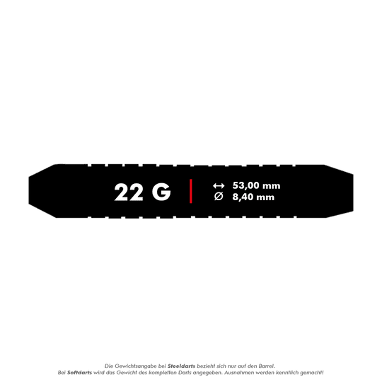 1225-22_Winmau_Broadside_Brass_Steeldarts_5_22g Das Bild zeigt die Maße des Produkts "Winmau Broadside Brass Steeldarts - 22g". Der Dart wiegt 22 Gramm, ist 53,00 mm lang und hat einen Durchmesser von 8,40 mm.