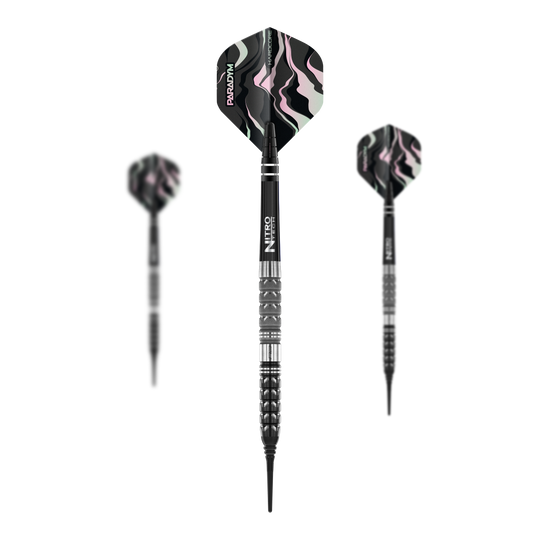 Red Dragon Paradym Tapered Soft Darts - 20g Das Bild zeigt drei Red Dragon Paradym Tapered Softdarts mit einem Gewicht von 20g. Die Flügel der Darts haben ein auffälliges schwarzes, pinkes und weißes Muster.