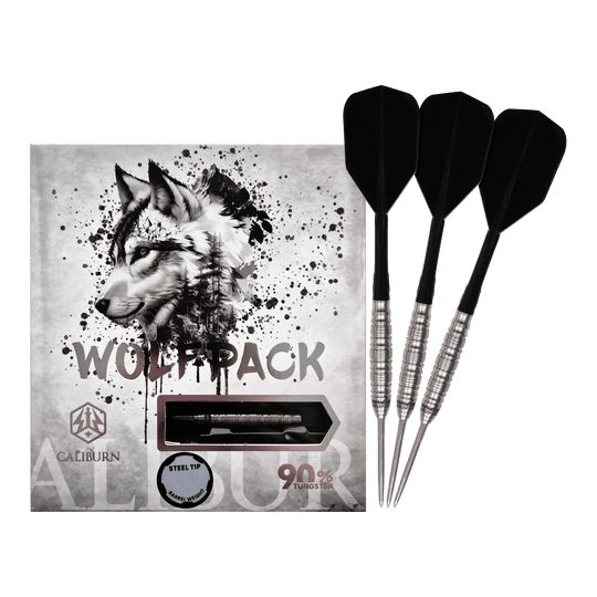 Dieses Bild zeigt die Caliburn Wolfpack W5 Steeldarts - 22g. Die Steeldarts sind für das klassische Dartspiel geeignet.