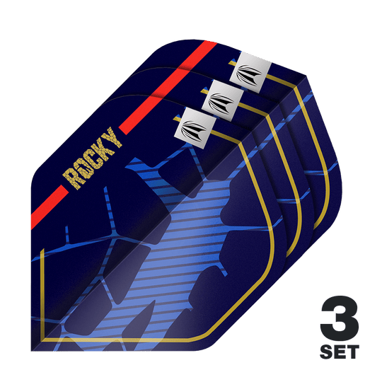 Target Pro Ultra Josh Rock GEN1 No2 Standard Flights - 3 zestawy Das Bild zeigt drei Sätze dunkler Dartflights mit dem Schriftzug "ROCKY" und einem auffälligen blauen Muster. In der rechten unteren Ecke steht die Aufschrift "3 SET".