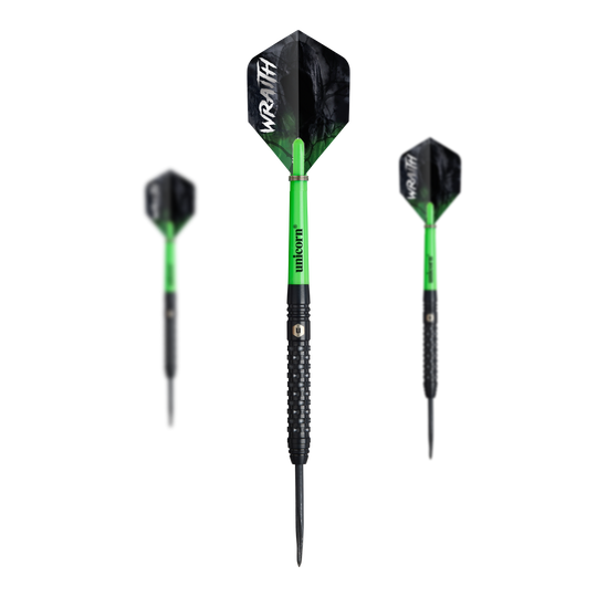 Stalowe lotki Unicorn Wraith Auf dem Bild sind drei Unicorn Wraith Steeldarts zu sehen. Die Darts haben schwarze Spitzen, grüne Schäfte und schwarze Flights mit der Aufschrift "WRAITH".