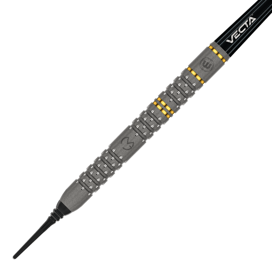 Miękkie rzutki Winmau Michael Van Gerwen Evo-X - 20g Das Bild zeigt einen Winmau Michael Van Gerwen Evo-X Softdart mit einem Gewicht von 20 Gramm. Der Dart hat ein markantes Design mit silbernen und goldenen Akzenten sowie der Aufschrift "VECTA".