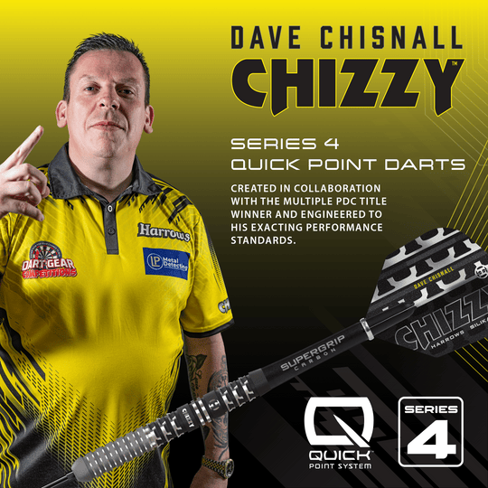 Harrow's Dave Chisnall Chizzy Series 4 miękkie lotki Harrows Dave Chisnall Chizzy Series 4 Softdarts sind auf diesem Bild zu sehen. Das Produkt ist ein spezieller Softdart für Dartspieler.