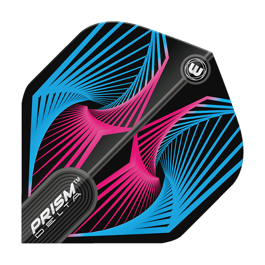 6915-239_Winmau_Prism_Delta_Spiral_BluePink_Standard_Flights_1euZyBqdmvAErl Dieses Bild zeigt das Produkt "Winmau Prism Delta Spiral BluePink Standard Flight". Das Design ist schwarz mit auffälligen blauen und pinken Spiralmustern.