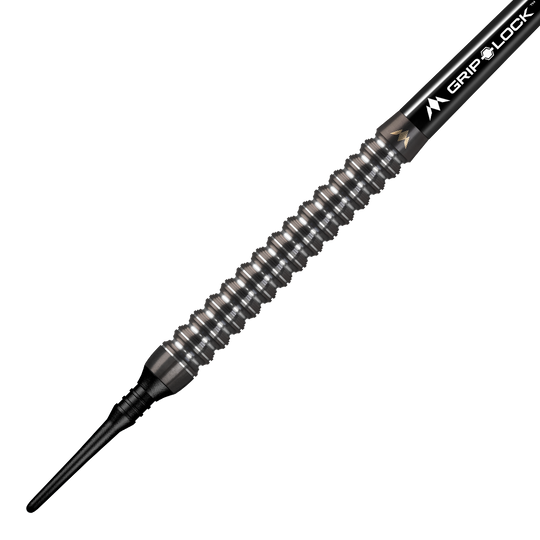 Das Bild zeigt einen Mission Spiro Model 1 Softdart mit einem Gewicht von 20g. Der Dart hat einen silbernen geriffelten Schaft und eine schwarze Spitze.