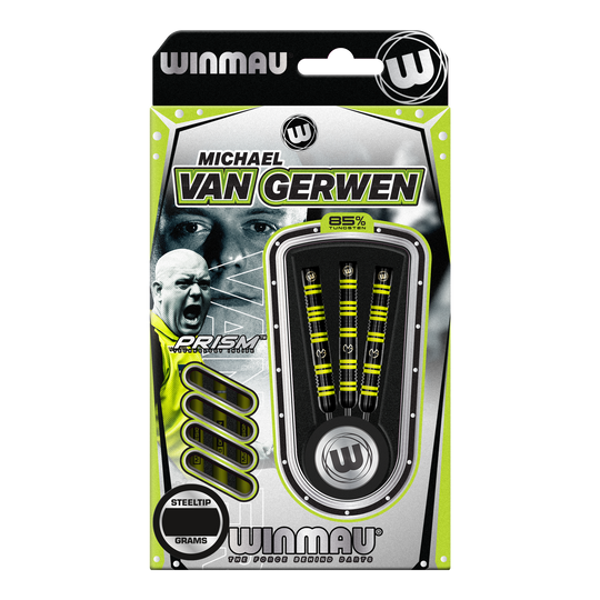 Stalowe rzutki Winmau Michael Van Gerwen 85 Pro-Series Das Bild zeigt eine Packung Winmau Michael Van Gerwen 85 Pro-Series Steeldarts. In der Verpackung sind drei Dartpfeile mit gelb-schwarzem Design sichtbar.