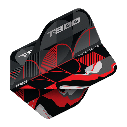 Red Dragon Hardcore T-800 No2 Standard Flights Das Bild zeigt das Produkt "Red Dragon Hardcore T-800 No2 Standard Flights". Die Flights sind schwarz, rot und grau gemustert und tragen die Aufschrift "T-800" und "Hardcore".