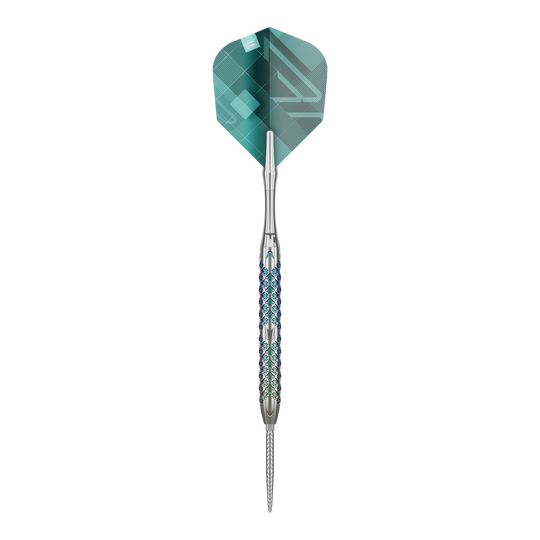 Stalowe lotki Target Rove 01 Swiss Point Das Bild zeigt den Target Rove 01 Swiss Point Steeldart. Der Dart hat ein silbernes Barrel mit einem blauen Muster und grüne Flights.