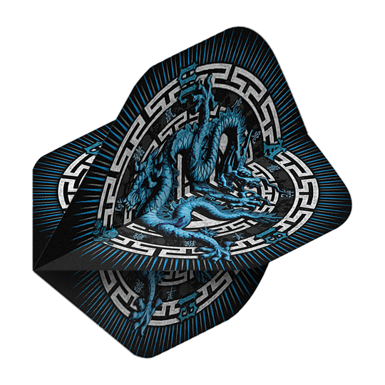 Alchemia Rok Smoka Nr 2 Standardowe Loty Dieses Bild zeigt die "Alchemy Year Of The Dragon No2 Standard Flights". Auf den Flights ist ein blauer Drache mit asiatischem Muster auf schwarzem Hintergrund abgebildet.