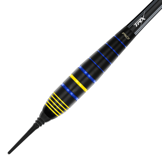 Red Dragon Luke Humphries World Champion Brass Softdarts - 20g Das Bild zeigt den Red Dragon Luke Humphries World Champion Brass Softdart mit einem Gewicht von 20g. Der Dart ist schwarz mit blauen und gelben Rillen verziert.