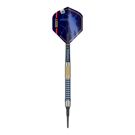 Target Josh Rock GEN1 Miękkie lotki - 20g Das Bild zeigt einen Target Josh Rock GEN1 Softdart mit einem Gewicht von 20g. Der Dartpfeil hat ein modernes Design mit blauen und goldenen Akzenten.