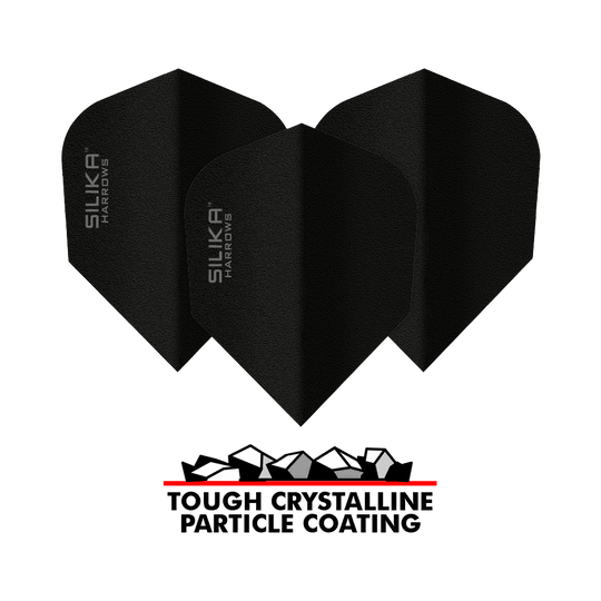 Harrows Solidna, wytrzymała, krystaliczna powłoka krzemionkowa, czarna, lot nr 6 Das Bild zeigt drei schwarze Dart-Flights der Marke Harrows Silika mit der Aufschrift "SILIKA HARROWS". Unter den Flights befindet sich ein Logo mit der Aufschrift "TOUGH CRYSTALLINE PARTICLE COATING".