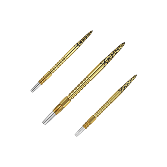 Das Bild zeigt drei goldene Dartspitzen mit silbernen Enden. Die Spitzen haben ein Rautenmuster und sind 30 mm lang.