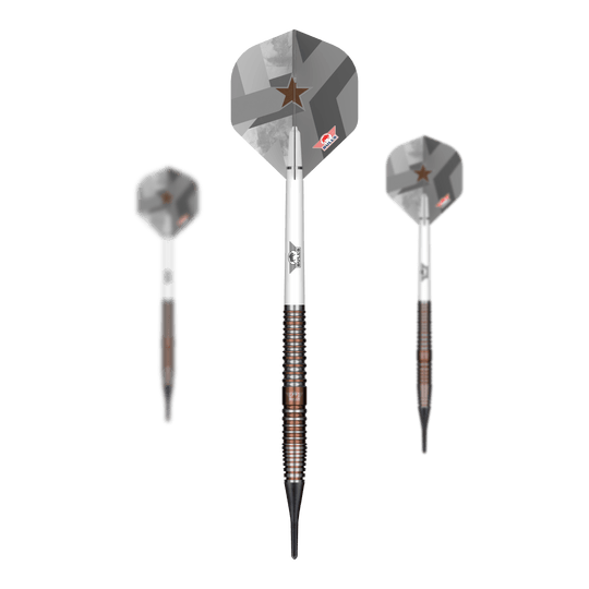 Bulls NL Max Hopp E5 miękkie lotki - 20g Das Bild zeigt die Bulls NL Max Hopp E5 Softdarts mit einem Gewicht von 20g. Diese Softdarts sind speziell für präzises Dartspiel entwickelt.