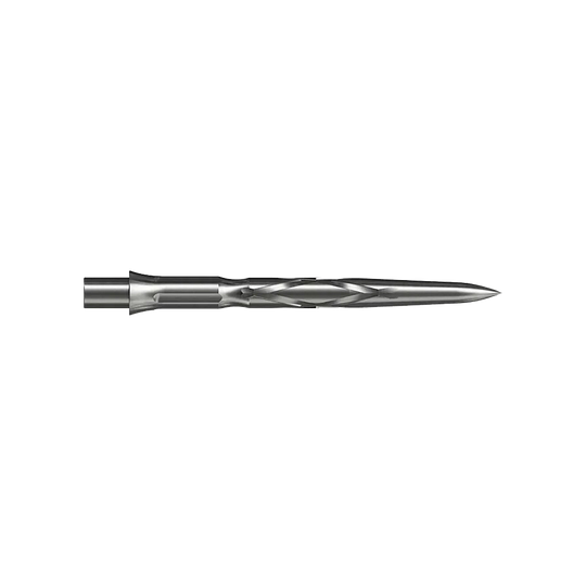 Stalowe groty do lotek Caliburn System - HAN G2 - Srebrne Auf dem Bild ist eine silberne Steeldartspitze mit einem spiralförmigen Muster zu sehen. Sie ist schmal und hat eine spitz zulaufende Form.