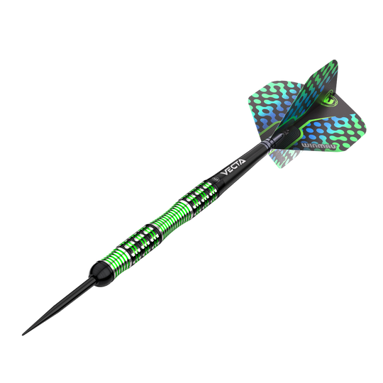 Stalowe lotki Winmau Brendan Dolan Das Bild zeigt einen Winmau Brendan Dolan Steeldart. Der Dart hat ein auffälliges Design mit grünen und schwarzen Akzenten.
