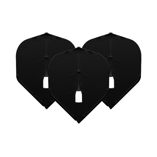 L-Style KAMI L1PRO Flights Auf dem Bild sind drei schwarze Dart-Flights zu sehen. Sie haben eine stabile, strukturierte Oberfläche und die Form ist standardisiert.
